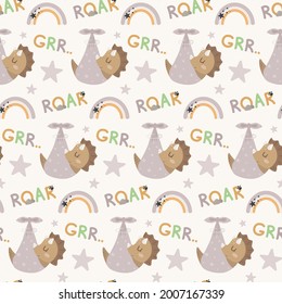 Vector hand drawn colored seamless repeating childrens pattern with cute newborn dinosaurs, lettering and rainbow in Scandinavian style on white background. Childish pattern with dinosaurs.