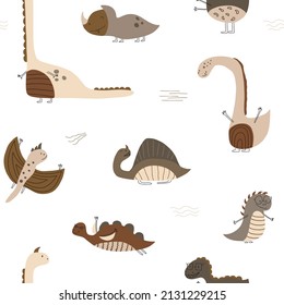 Vector hand drawn colored seamless repeat baby pattern with cute dinosaurs and textures in scandinavian style on white background. Children's pattern with dinosaurs. cute baby animal