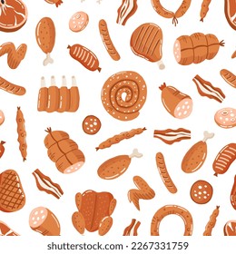 Vector hand drawn colored seamless repeating simple flat pattern with meat elements on a white background. Beef, pork, lamb, chicken, sausages. Template for web, restaurant, menu, market