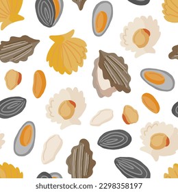 Vector hand drawn colored seamless repeating simple flat pattern with seafood in Scandinavian style on a white background. Mussel, oyster, scallop. Template for web, print industry, menu