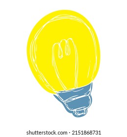 Vector hand drawn colored shining bulb isolated on white background. Illustration in doodle cartoon style for print, logo, icon, emblem, clothes
