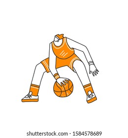 Vector hand drawn colored sketch illustration of professional basketball player, playing with basketball ball in dynamic pose, isolated on white. Hand draw vector illustration of professional basket