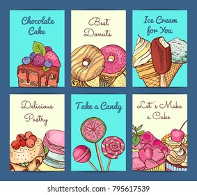 Vector hand drawn colored sweets shop card or flyer templates with place for text illustration