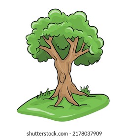 Vector hand drawn Colored tree illustration Natural tree sketch. Outline tree Fresh Green Natural Landscape Doodle style cartoon tree with grass illustration. Organic plant with old wooden trunk.