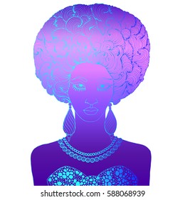 Vector hand drawn colored turquoise line portrait of a young African girl with magnificent curly afro hairstyle and volumetric earrings. On a white background