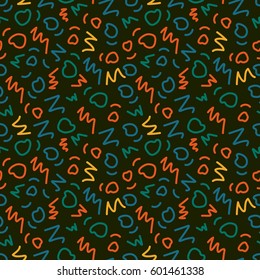 Vector hand drawn colorful abstract  seamless pattern. Vector geometric pattern in retro memphis style. Striped background.