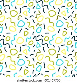 Vector hand drawn colorful abstract  seamless pattern. Vector geometric pattern in retro memphis style. Striped background.