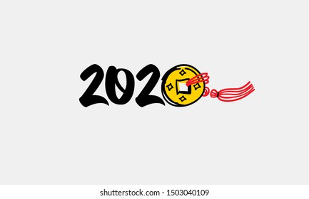 Vector hand drawn colorful banner with a illustration of Chinese lucky coin. Card with 2020 for New Year greetings in Chinese style.