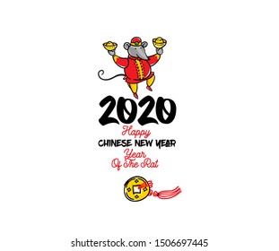 Vector hand drawn colorful banner with a illustration of Rat zodiac sign, symbol of 2020 on the Chinese calendar. Mouse in Chinese costume, gold ingots with New Year greetings in Chinese style.