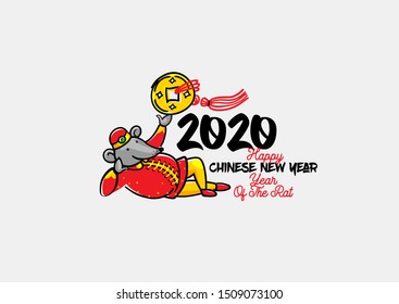 Vector hand drawn colorful banner with a illustration of Rat zodiac sign, symbol of 2020 on the Chinese calendar. Mouse in Chinese costume, lucky coin with New Year greetings in Chinese style.