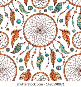 Vector hand drawn colorful boho seamless pattern with indian tribal dream catcher and beads. Native american sketch background