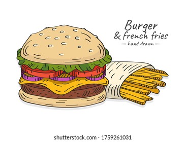 Vector hand drawn colorful burger illustration with french fries. Hamburger with lettuce, tomatoes, onions, cheese and a meat patty in a bun with sesame seeds.