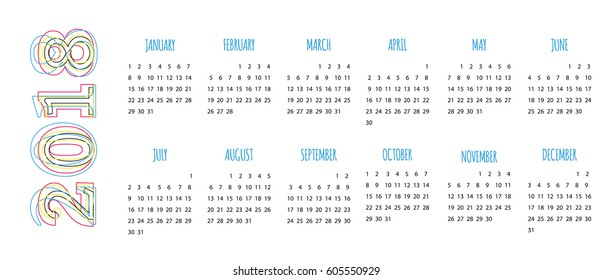 Vector hand drawn colorful calendar 2018. 