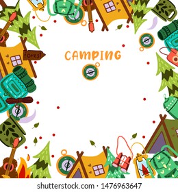 Vector hand drawn colorful cartoon frame with tent, pine, guitar, campfire, bag pack, compass, camera, lamp, sleeping bag and rope. Isolated on the white background.