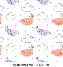 Patrón de repetición ininterrumpida de color dibujado a mano por vectores con pájaros y nubes adorables sobre fondo blanco. Textura infantil de moda para tela, envoltura, ropa, textil.