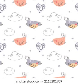 Patrón de repetición ininterrumpida de color dibujado a mano por vectores con pájaros y nubes adorables sobre fondo blanco. Textura infantil de moda para tela, envoltura, ropa, textil.