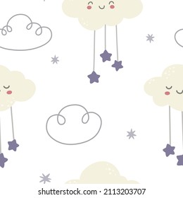 Patrón de repetición sin fisuras, colorido y dibujado a mano por vectores con nubes y estrellas lindas. Textura infantil de moda para tela, envoltura, ropa, textil.