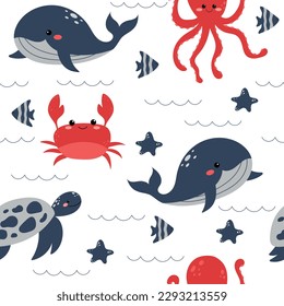 Vector hand drawn colorful childish seamless repeat simple flat pattern with whales and fishes on white background. Cute baby animals. Pattern for children with whales. Sea. ocean.