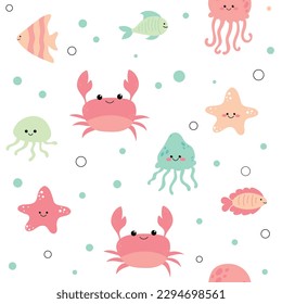 Vector hand drawn colorful childish seamless repeat simple flat pattern with crab, fish, jellyfish and starfish on white background. Cute baby animals. Pattern for children with whales. Sea. Ocean.
