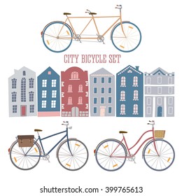 Vector hand drawn colorful city bicycle set with architecture elements. Editable isolated objects.