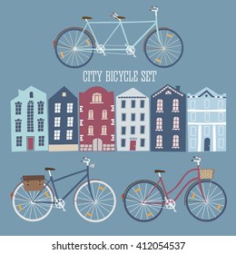 Vector hand drawn colorful city bicycle set with architecture elements. Editable isolated objects.