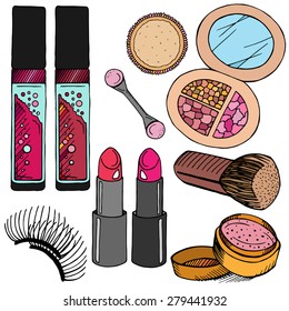 Vector Hand Drawn Colorful Cosmetic set: lip gloss, powder, lipstick, lip balm, false eyelashes, brush, sponge.