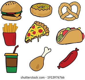 Vektorhandgezeichnete bunte Doodle-Reihe von Objekten und Symbolen zum Thema Fast Food