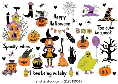 Vector hand drawn colorful doodle set with Halloween illustrations.  Little witch, hats, jack-o-lanterns, broom, bat  and spiders. Perfect for creating greeting card, posters. 