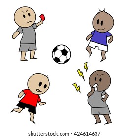 Vector hand drawn colorful doodle set - football players. Cartoon characters in soccer sport - game, victory and active life illustration. Foul incident and sending off by referee, isolated on white.