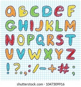 Vector hand drawn colorful english alphabet on paper background. Doodle font. Children abc