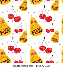 Vector hand drawn colorful fruit seamless pattern with pears, cherries, berries. Red and yellow colorful pattern.