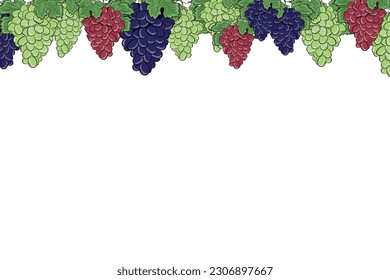 Plantilla de marco de uvas coloridas dibujadas a mano vectorial aislada en fondo blanco. Ilustración de fruta dulce de estilo vintage. 