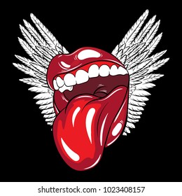 Vector hand drawn colorful  illustration of mouth with tongue and  wings. Template for card, poster, banner, print for t-shirt, pin, label, patch. 