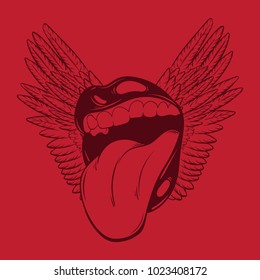 Vector hand drawn colorful  illustration of mouth with tongue and  wings. Template for card, poster, banner, print for t-shirt, pin, label, patch. 