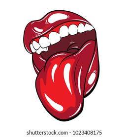 Vector hand drawn colorful  illustration of mouth with tongue . Template for card, poster, banner, print for t-shirt, pin, label, patch. 