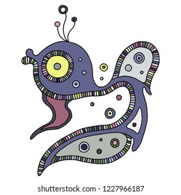 Vector hand drawn colorful illustration of isolated psuchedelic  fish with decorative geometrical elements, dots.  Line drawing. Picture for coloring. Childlike doodle style