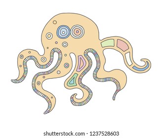 Vector hand drawn colorful illustration of isolated octopus with decorative geometrical elements, lines, dots. Picture for coloring. Line drawing.