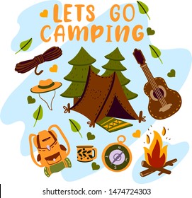 Vector hand drawn colorful illustration with letttering "Let’s go Camping” with tent, guitar, campfire, bag pack, rope, compass and cup.