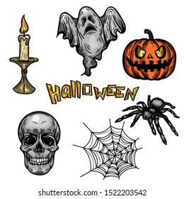 Vector hand drawn colorful illustration of halloween pumpkin, skull, spiderweb,  spider, candlestick and ghost in the engraving style isolated on white background.