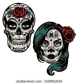 Vector hand drawn colorful illustration of Day Of The Dead Skull.Sugar skull girl. Skull sugar flower. Skull tattoo isolated on white.