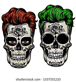 Vector hand drawn colorful illustration of Day Of The Dead Skull. Skulls hipster acid color, sugar flower. Skull tattoo punk style  isolated on white.