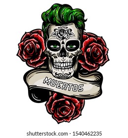 Vector hand drawn colorful illustration logo of Day Of The Dead Skull Muertos. Skull sugar flower. Skull tattoo isolated on white.