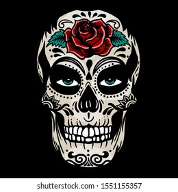 Vector hand drawn colorful illustration of Day Of The Dead Skull. Skull sugar flower. Skull tattoo isolated on black back ground.