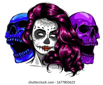 Vector hand drawn colorful illustration of Day Of The Dead Skull.Sugar skull girl. Skull sugar flower.