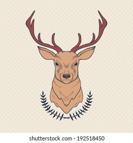 Vector hand drawn colorful illustration of deer and laurel