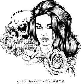 Vector hand drawn colorful illustration Skull Sugar skull girl Skull sugar flower  Skull tattoo isolated white 