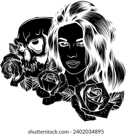 Vector hand drawn colorful illustration of Skull.Sugar skull girl Skull sugar flower. Skull tattoo isolated on white.