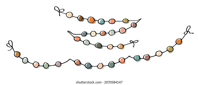 Vector hand drawn colorful light bulb garland. Cute doodle illustration isolated on white background. Celebration clipart for greeting cards, print, web, design, decor.