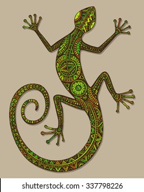 Vector hand drawn colorful lizard or salamander with ethnic tribal patterns. Beauty reptile decoration with beautiful ornament 