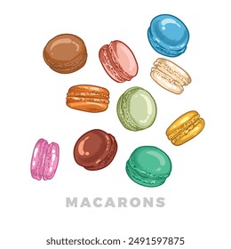 Vector hand drawn colorful macaroons. French sweets with vanilla, chocolate, coffee, caramel flavors. Easy to edit and use vector food assets. 